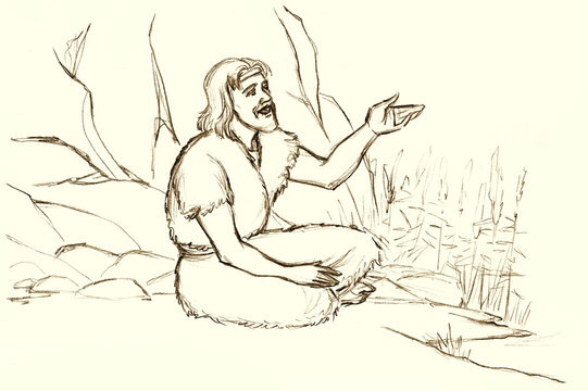 Pencil drawing. Elijah and the crows