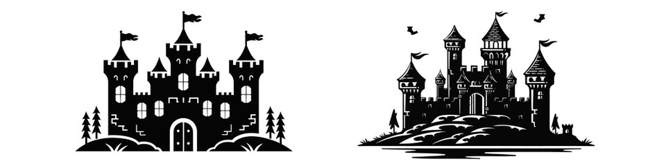 black and white castle silhouette png set