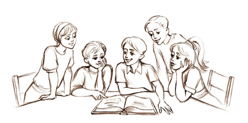 Pencil drawing. Kids reading a book