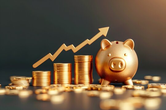 Gold piggy bank with gold coin money stacks and growing arrow in savings investment concept
