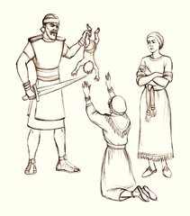 Pencil drawing. A warrior with a sword kills a baby