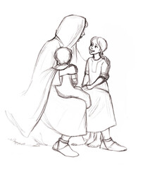 Pencil drawing. Jesus and children