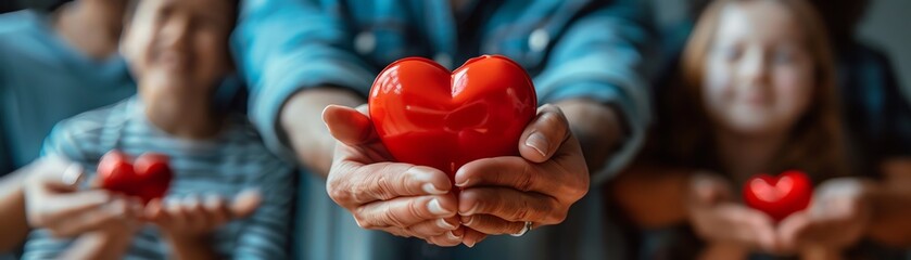 People of various ages holding a red heart together, symbolizing unity and love in community or family settings