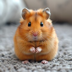 A hamster is sitting on a carpet and looking at the camera