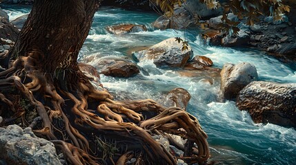 Along the riverbank, gnarled tree roots intertwine with rocks worn smooth by centuries of flowing water, creating a scene that speaks of resilience and endurance.