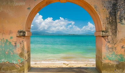 Serene archway view overlooking tropical beach and clear blue sky
