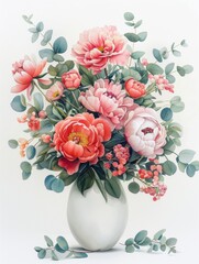 Elegant Peonies and Eucalyptus Bouquet in a White Ceramic Vase on a Light Background.