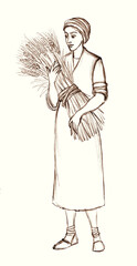 Pencil drawing. Woman with a sheaf of wheat