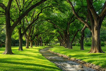 lush tree-lined park next to a flowing creek