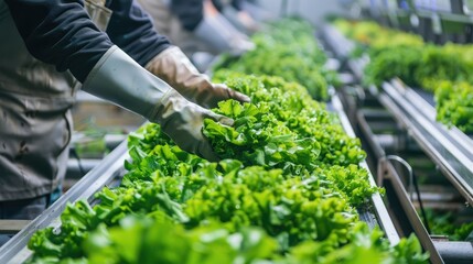 Fresh vegetable. Staff pack hydroponic vegetable in wooden box. vegetable in conveyor line. healthy food