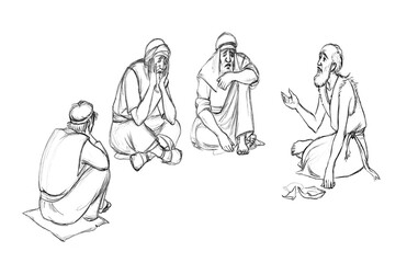 Pencil drawing. A beggar asks for alms