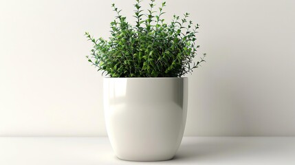 Photo of a small green plant in a white pot on a white table against a white background.