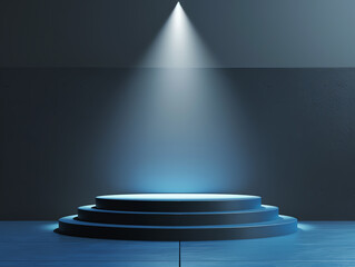Showcase product podium with stage lighting side view emphasizing dramatic flair Advanced tone, Monochromatic Color Scheme.