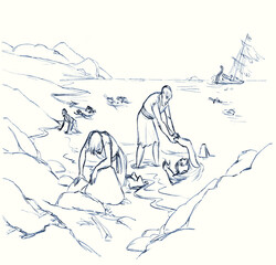 Pencil drawing. A man who escaped ashore after a shipwreck