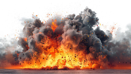 Fire explosion with sparks and thick smoke on transparent background.