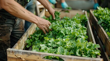 Fresh vegetable. Staff pack hydroponic vegetable in wooden box. vegetable in conveyor line. healthy food