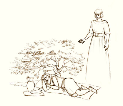 An angel appeared to the prophet Elijah. Pencil drawing