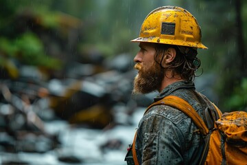 Side profile of bearded lumberjack in yellow helmet, wet from rain, standing near rushing river. Forest and overcast sky in background. Raindrops visible in air,  Man's gaze into distance, - Powered by Adobe