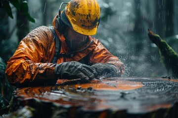 Male lumberjack, wearing vibrant orange safety gear, intensely cutting through massive tree trunk with chainsaw. Heavy rain, green lush forest surround. Facial expression shows concentration,