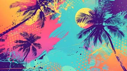 Summer Vibes: Halftone Graffiti Art with Palm Tree Silhouettes. Concept Summer Vibes, Halftone Art, Graffiti, Palm Trees, Silhouettes