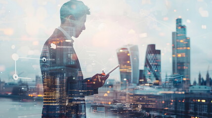 Double exposure of a man on his mobile phone and a city landscape