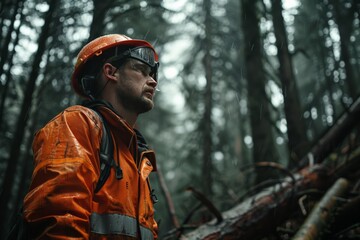 Obraz premium Solemn Caucasian male in orange helmet, observing lush, rainy forest, expression conveys contemplation, solitude against serene, misty woodland backdrop.