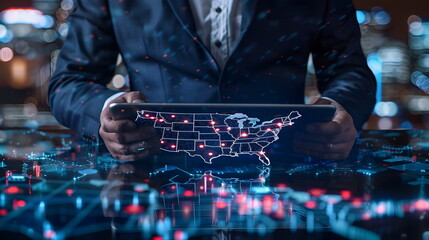 Businessman man hold tablet, United States Network Connectivity Innovation Technology