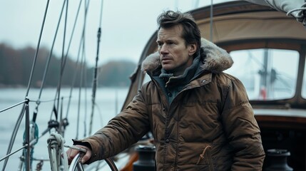 Obraz premium Thoughtful adult caucasian man by sailboat on overcast day