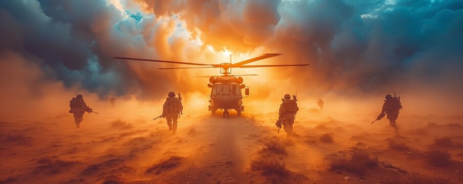Military helicopter landing in an orange haze