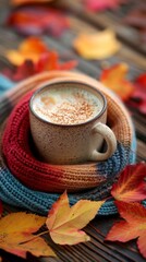 Cozy Autumn Scene with Warm Spiced Tea Wrapped in Colorful Knitted Scarf Amidst Fallen Leaves.