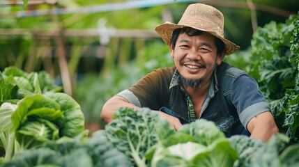 Portrait of an asian man on a field of lettuce and salad