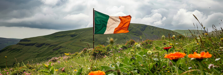 Lush Irish Countryside with Waving National Flag Amid Vibrant Wildflowers
