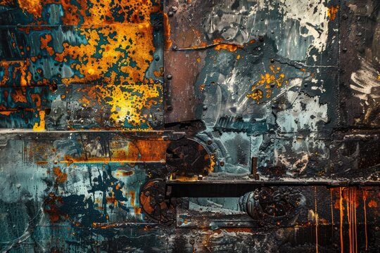 Old rusted metal door with weathered handle, suitable for industrial or abandoned themes