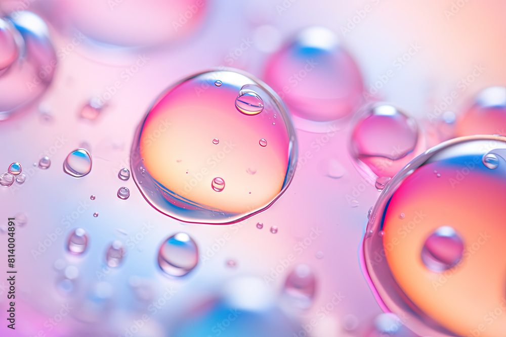 Poster Pink holographic bubbles floating on the soft colorful abstract background in beautiful vivid tones.