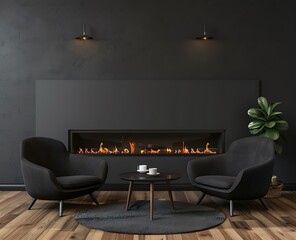 3d rendering of modern interior design with armchairs and fireplace on wooden floor in dark brown color, front view