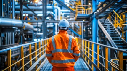 Fototapeta premium An engineer in high-visibility clothing inspects a facility with intricate piping and steel structures in the evening light.