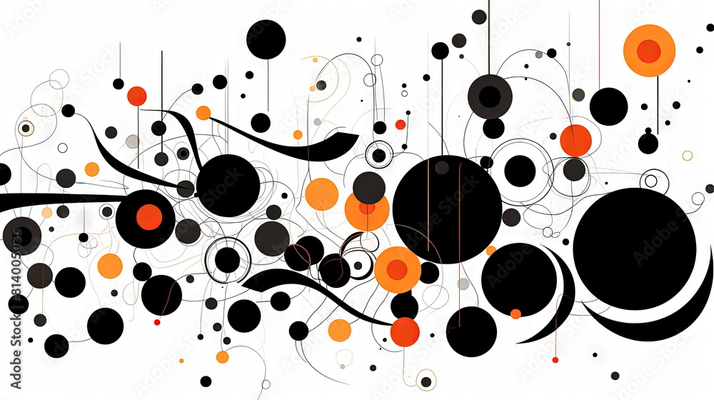 Poster geometric abstract background with black dots, circles and lines.