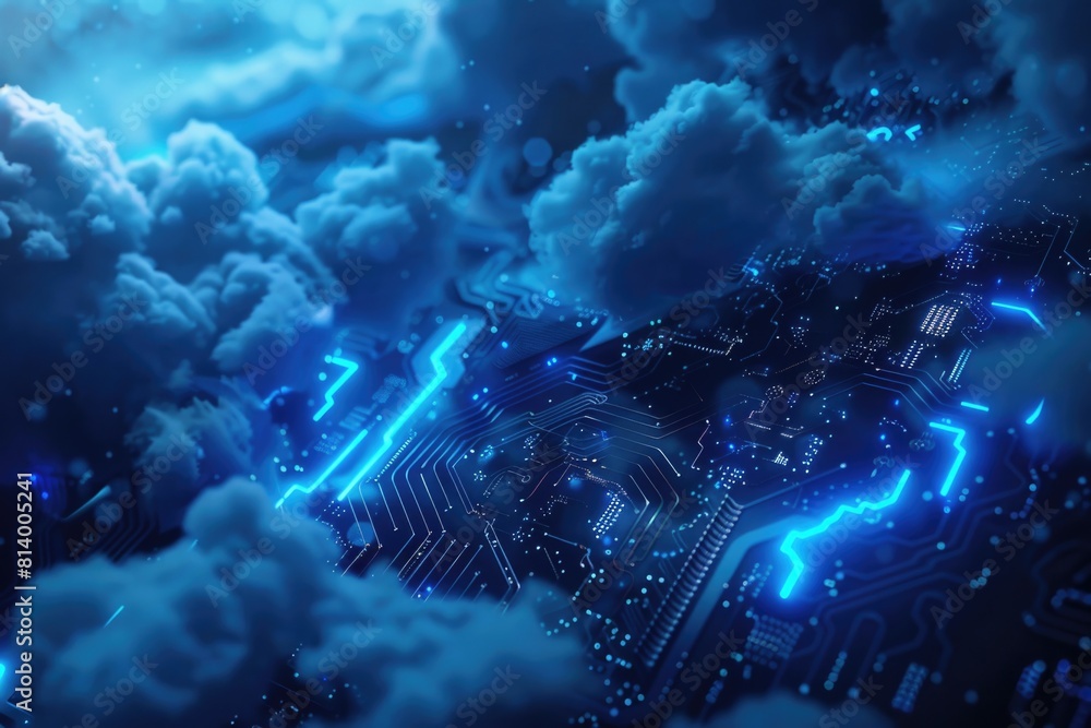 Poster a computer circuit surrounded by dramatic clouds and lightnings. suitable for technology and futuris