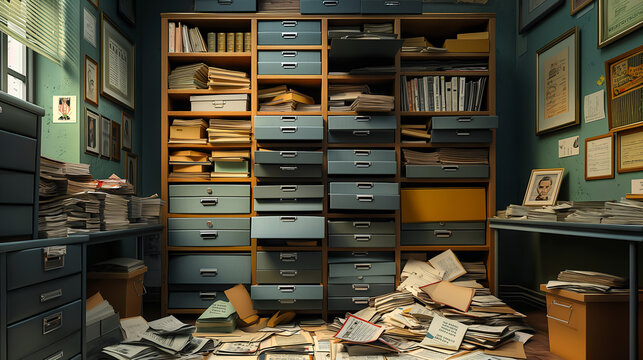 A messy office with bookshelves, cabinets, and papers scattered everywhere