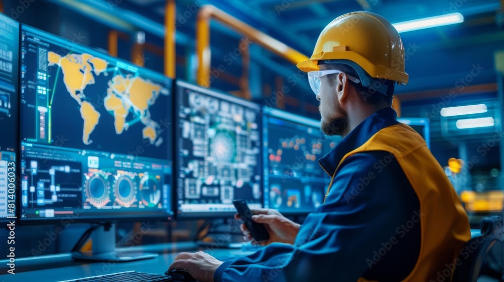 Poster a focused engineer in a hard hat is overseeing operations on multiple monitors in a high-tech contro