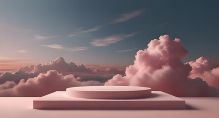 Background podium pink 3d product sky platform display cloud pastel scene render stand. Pink podium stage minimal abstract background beauty dreamy space studio pedestal smoke showcase geometric white