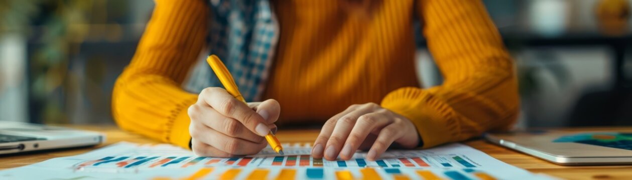 A teacher reviewing a B2C marketing textbook with practical examples, preparing lesson plans Style Study session, Color Warm, inviting tones, Technique Photography
