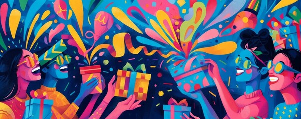 A vibrant pop art style party scene with guests exchanging gifts that burst into colorful, psychedelic patterns