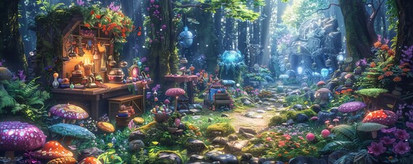 A vibrant, fantasy forest clearing where magical items are pitched at a mystical traders  workshop, illustrated in bright colors