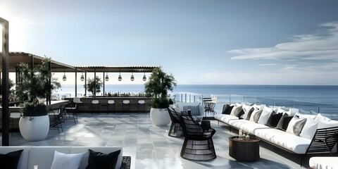 Stylish rooftop bar offering breathtaking ocean views at fashionable beach club. Concept Rooftop Bar, Ocean Views, Beach Club, Stylish Atmosphere, Fashionable Vibe