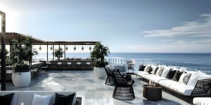 Stylish rooftop bar offering breathtaking ocean views at fashionable beach club. Concept Rooftop Bar, Ocean Views, Beach Club, Stylish Atmosphere, Fashionable Vibe