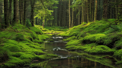 Obraz premium A tranquil forest clearing, with moss-covered logs scattered among the towering trees, inviting viewers to explore and unwind.