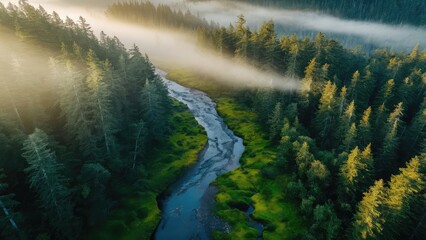 evergreen forest view from overhead, fog rolling in, looks like the pacific northwest