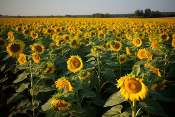 Golden hour at the serene sunflower field during sunset in the countryside, showcasing the vibrant and sunlit floral bloom in the natural agricultural landscape, symbolizing beauty and tranquility