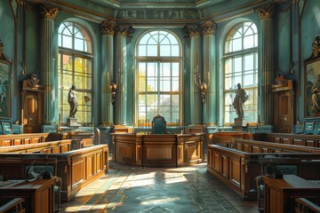 A detailed illustration of a courtroom, with each object (gavel, robe, scales) animated and personified, Opulent courtroom, sunlight streams through tall windows onto ornate furniture.